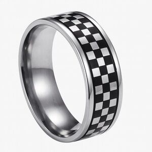 Stainless Steel Checkerboard Ring Black -  Silver Band Unisex Statement Ring